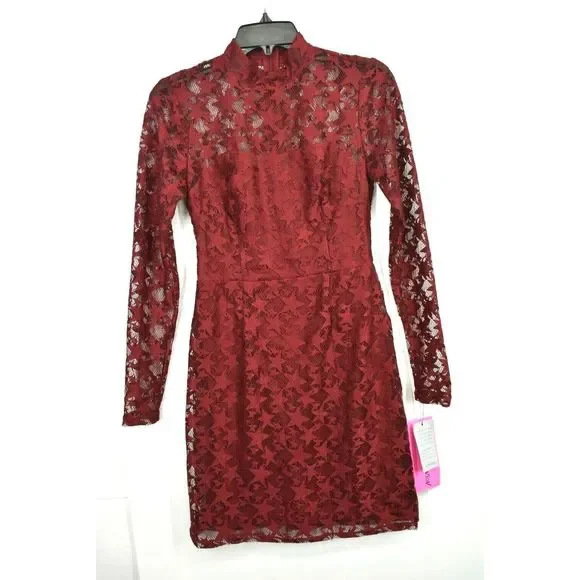 Betsey Johnson | Dresses | Betsey Johnson Womens Maroon Mock Neck Long  Sleeve Star Lace Party Dress 2 | Poshmark